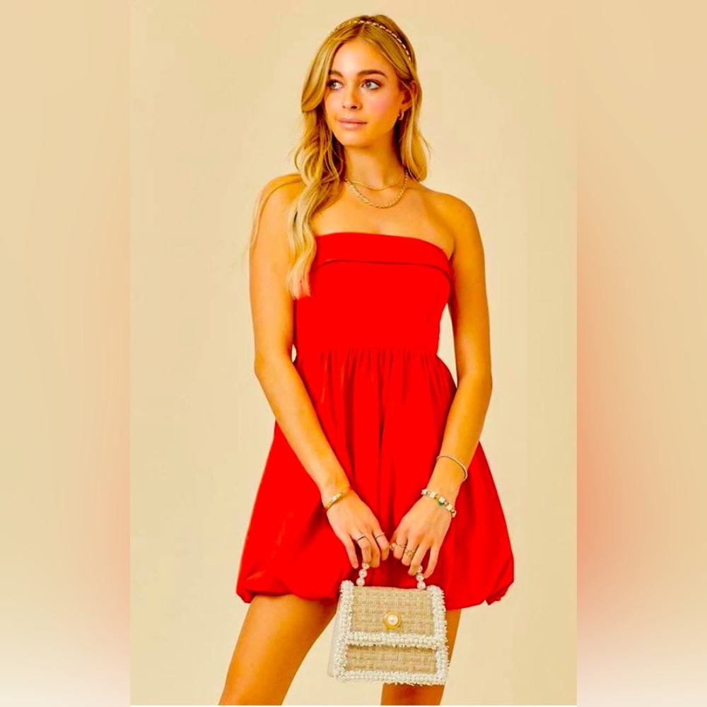 NWT Boutique In Bubble red strapless mini dress flattering fit fun bubble hem-Lg